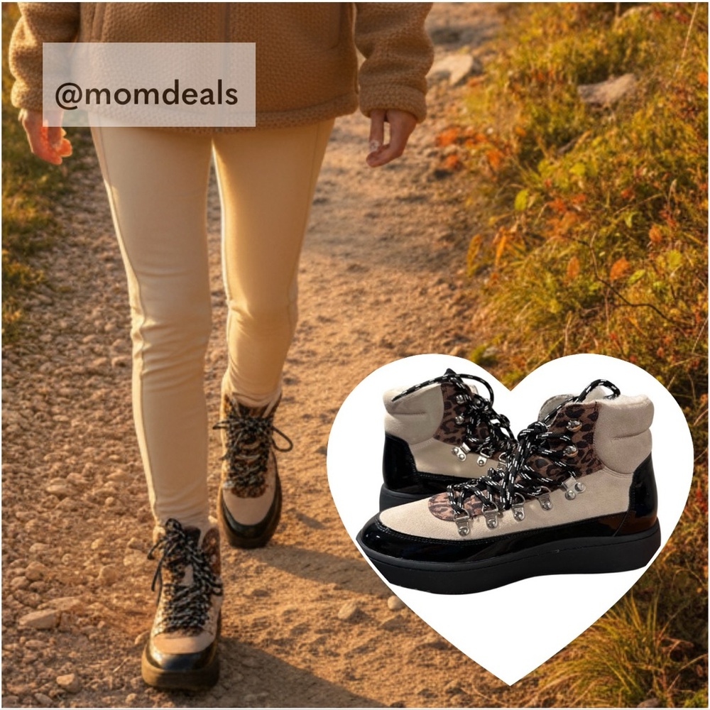 Iris Hiker Boots by WODEN Sheepskin Lining Cream Leopard Leather Rubber 7.5 US